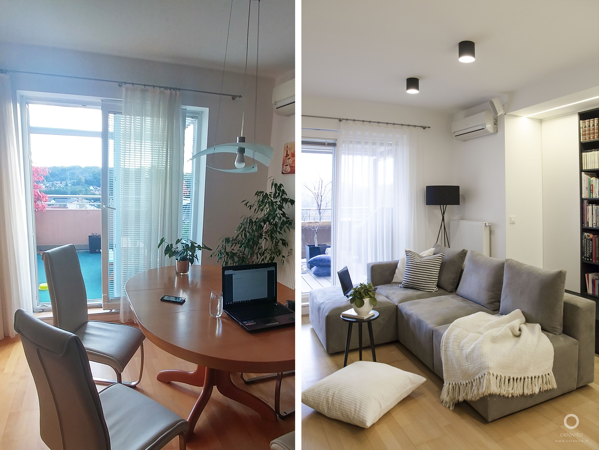 Dnevni prostor pred in po prenovi Dnevni prostor pred in po prenovo