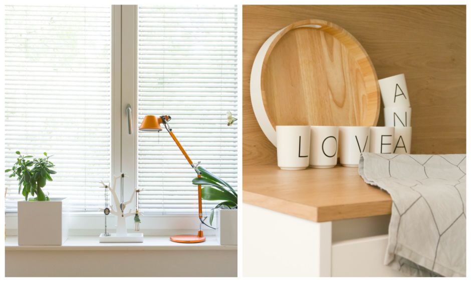 Detajli, okenska polička v dnevni sobi in kotiček kuhinje, fotografija Celovito, dodatki Formadoma